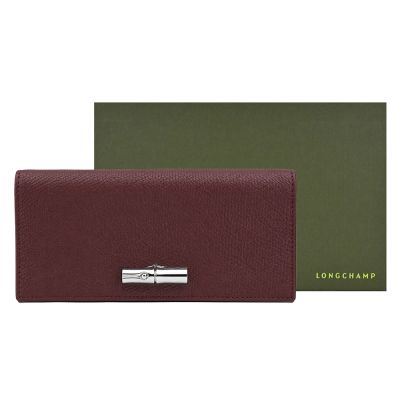 LONGCHAMP LE ROSEAU系列竹節牛皮簡約翻蓋長夾(酒紅)