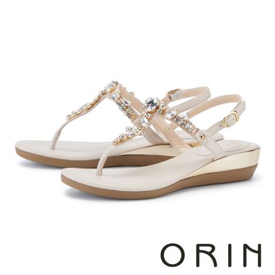 ORIN 鑽花 T字夾腳楔型低跟涼鞋 白色