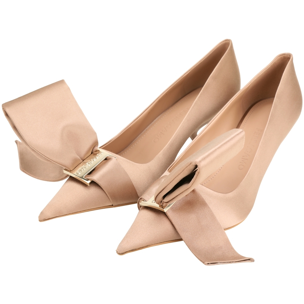 Salvatore Ferragamo Erica 緞面不對稱蝴蝶結尖頭高跟鞋(6CM高/粉裸色)