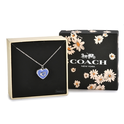 COACH 亮鑽愛心琺瑯內鑲C字LOGO吊飾造型項鍊禮盒-藍紫色