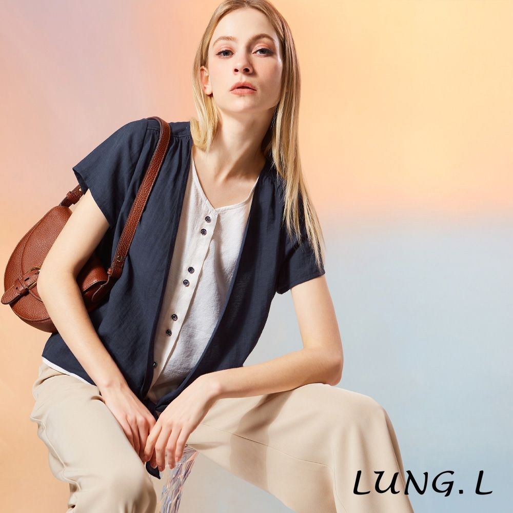 LUNG.L林佳樺 藍白假兩件拼色綁結短袖女裝上衣 LU40A