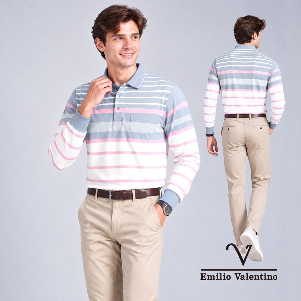 Emilio Valentino 范倫鐵諾 男 長袖POLO衫 棉質舒適透氣 口袋 上衣 薄長袖_粉/灰/白(21-6V0850)