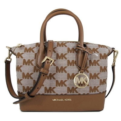 MICHAEL KORS Hyde 金字Logo緹花滿版MK立體水餃兩用包(馬鞍棕色)