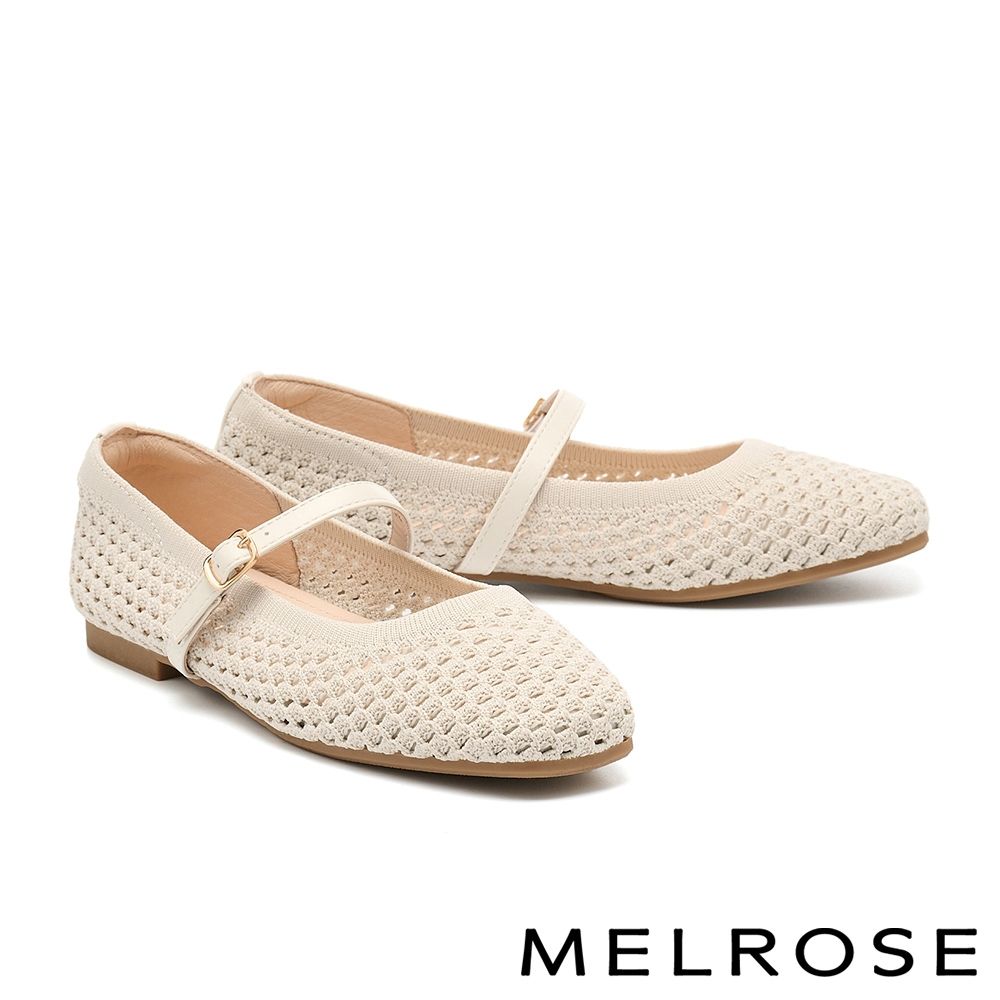 平底鞋 MELROSE 美樂斯 率性優雅純色方釦繫帶飛織布瑪莉珍方頭平底鞋－米白
