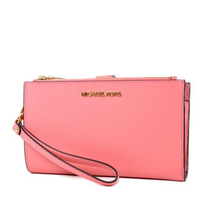 MICHAEL KORS 金字小LOGO防刮皮革對折釦式手掛手拿/手機包-玫瑰茶粉-特