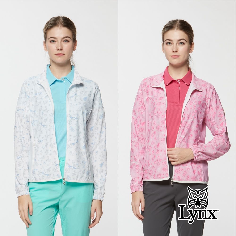 【Lynx Golf】女款彈性舒適滿版碎花造型拉鍊口袋外套(二色) (淺灰色)