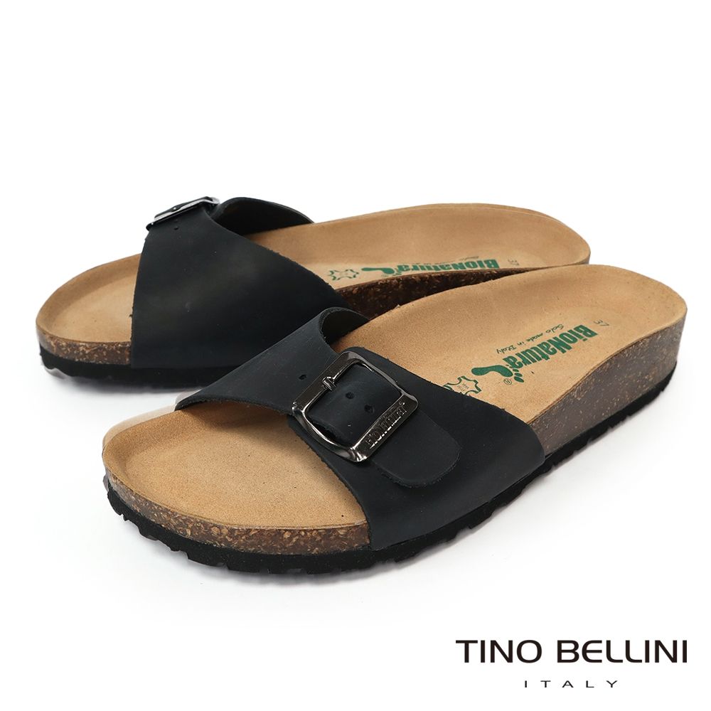 【TINO BELLINI 貝里尼】義大利進口 BIONATURA 腳床舒適鞋 真皮 飾扣造型 軟木軟底 拖鞋 FSQB002-U(黑瘋色)