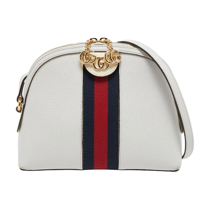 【GUCCI 古馳】719881 經典Ophidia系列綠紅綠織帶牛皮貝殼包 肩背/斜背包(白色)