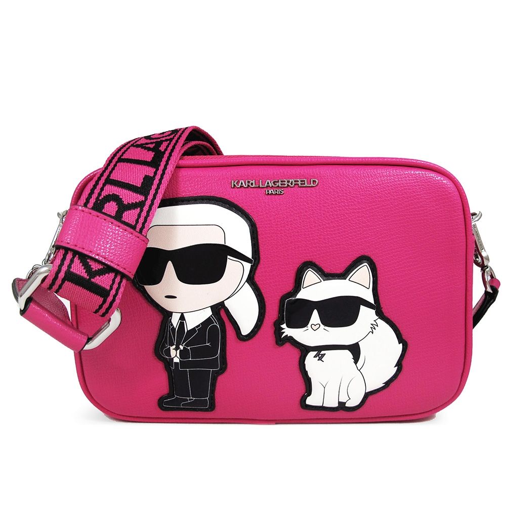 KARL LAGERFELD MAYBELLE卡爾與貓立體圖騰雙層拉鍊大相機斜背包(吊鐘花紫色)