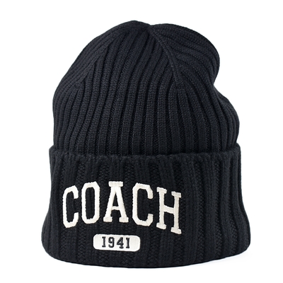 COACH 刺繡品牌羊毛帽-黑色