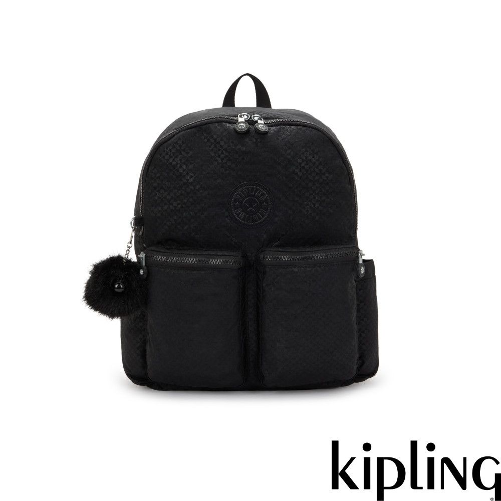 Kipling 黑色幾何印花多拉鍊收納後背包-CHARNELL