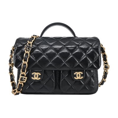 CHANEL香奈兒 CHANEL Flap Bag Top Handle經典雙C LOGO菱格紋小羊皮手提/斜背包 (黑色)
