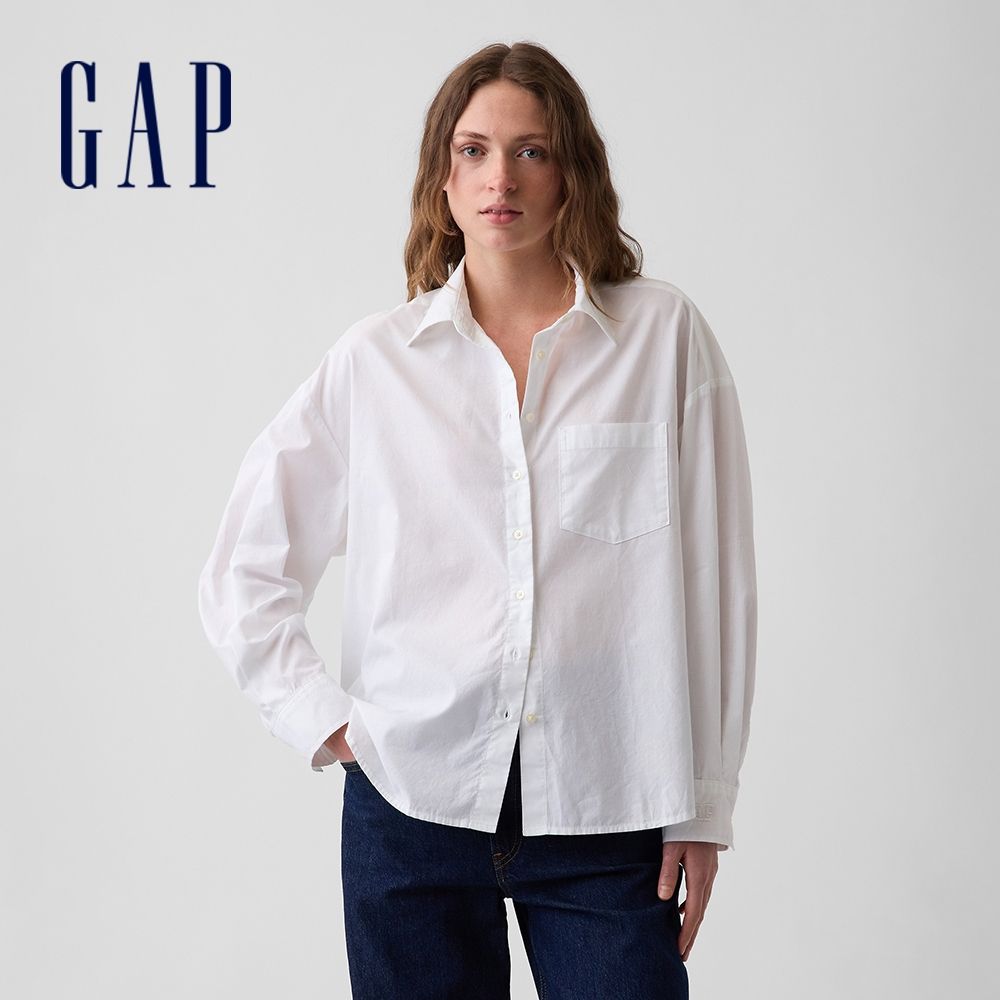 【GAP】府綢寬版襯衫-白色(912045) (白色)