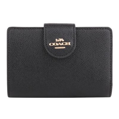 COACH 金馬車LOGO 防刮皮革釦式拉鍊中夾(黑色)