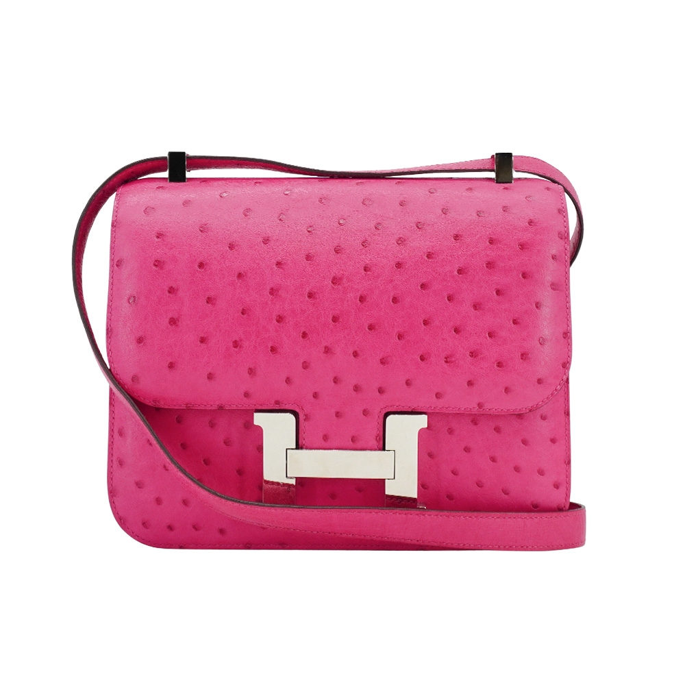 二手品 Hermes Constance 鴕鳥皮銀扣斜背包-24cm(糖果粉/D刻)