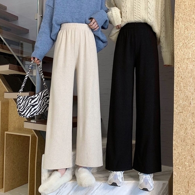 La Belleza保暖加厚針織毛料坑條闊腿褲鬆緊腰棉絨垂綴感寬褲