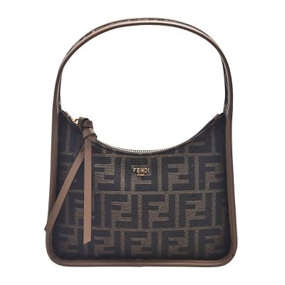 FENDI 經典Mini Fendessence系列FF LOGO提花牛皮拉鍊迷你新月包/手拿包(米色/淺棕色)