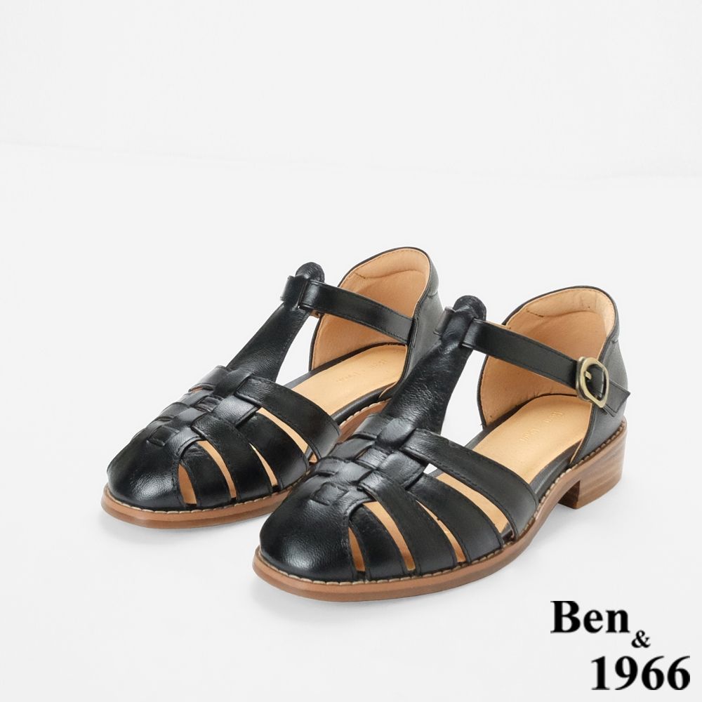 Ben&1966高級頭層打腊羊皮低跟羅馬涼鞋-黑(258101)
