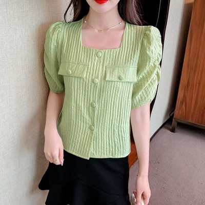 La Belleza法式方領假口袋袖子抽皺包釦排釦泡泡袖造型上衣