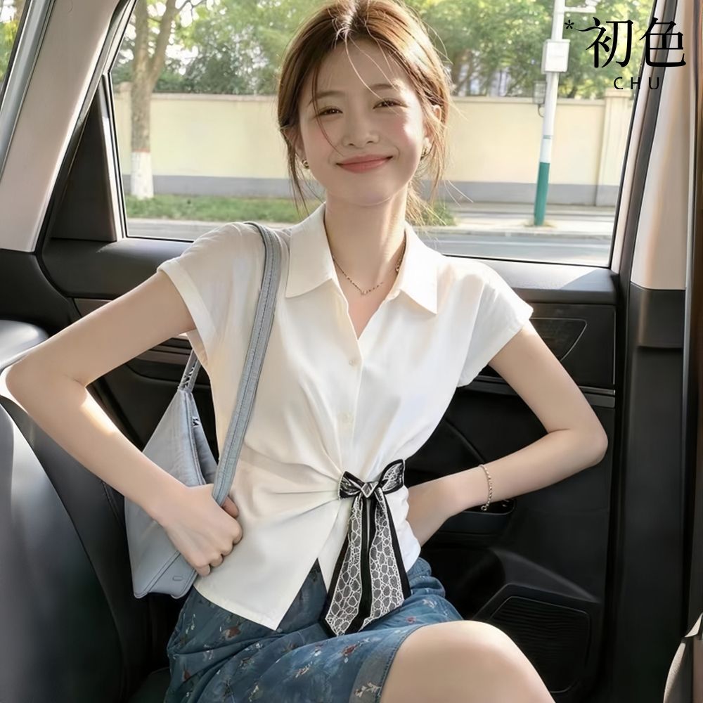 初色 韓系拼接印花絲巾翻領短袖單排釦收腰修身襯衫上衣女上衣-白色-51995(M-XL可選)