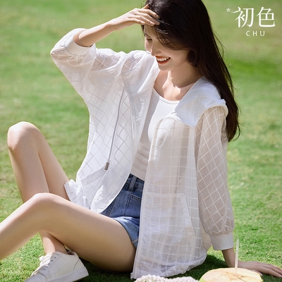 初色 開領燈籠袖長袖連帽罩衫防曬衫外套女外套-白色-34428(M-3XL可選)