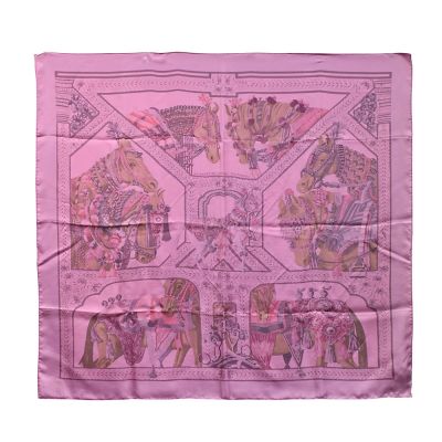 HERMES La Danse du Cheval Marwari馬爾瓦里馬圖騰真絲方巾/領巾(90CM-粉紅色)