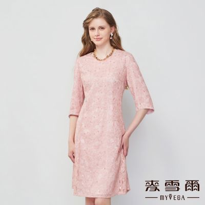MYVEGA麥雪爾 刺繡蕾絲五分袖短洋裝-粉