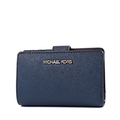 MICHAEL KORS 銀字LOGO素面防刮皮革釦式中夾-海軍藍