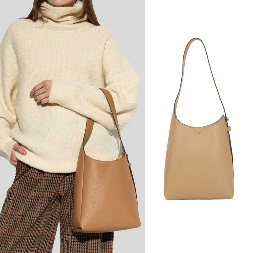 TORY BURCH Romy Hobo 鈕扣金屬標誌鵝卵石紋牛皮手提 肩背流浪包(小款/棕色)