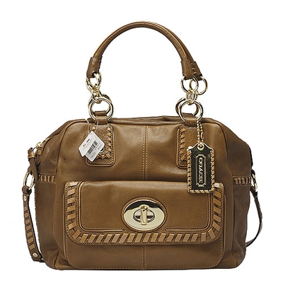 COACH  磁釦口袋真皮編織飾邊二用保齡球包(焦糖色-展示品)