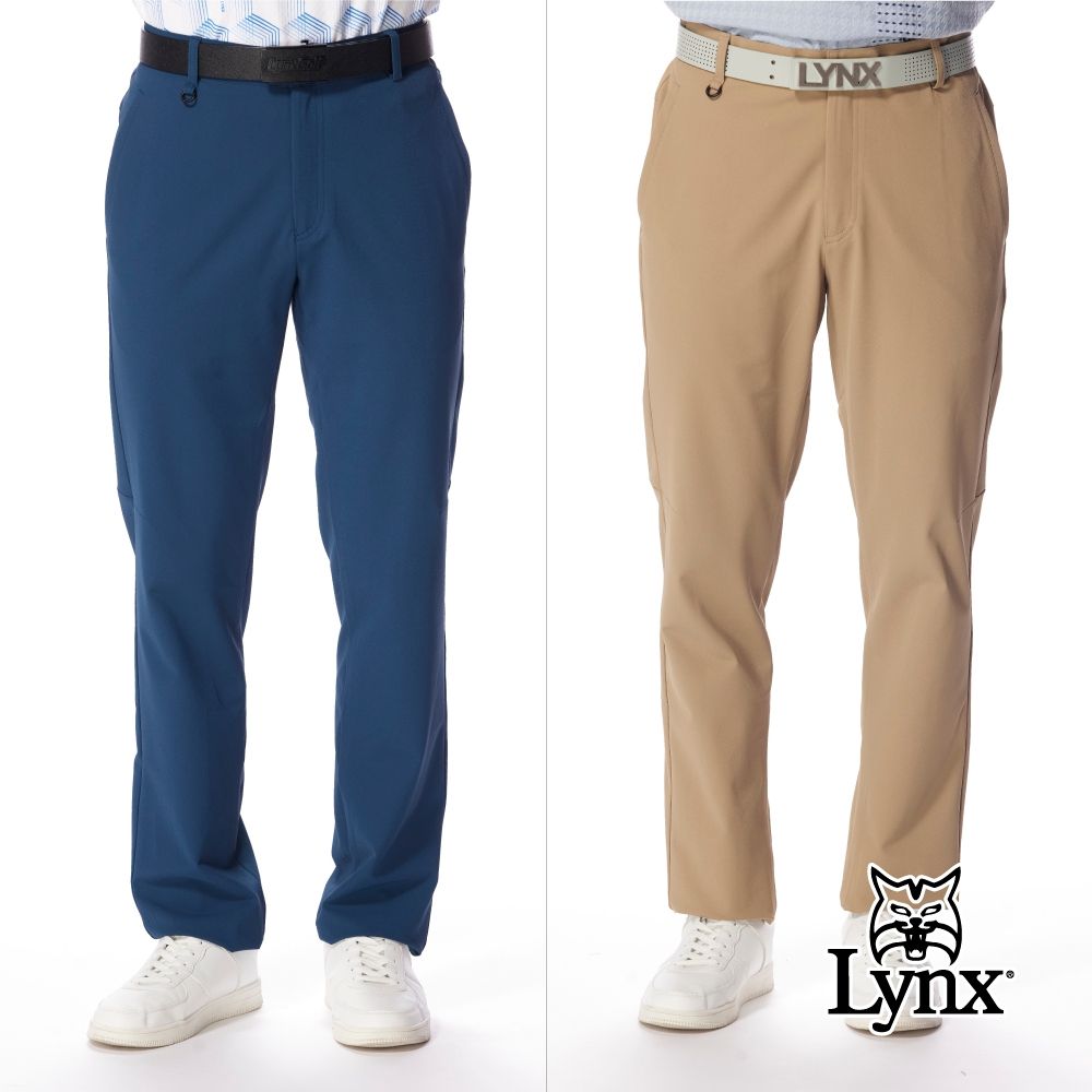 【Lynx Golf】男款日本進口布料抗UV彈性舒適防潑水平口窄管休閒長褲(二色) (藍綠色)
