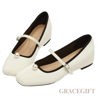 【Grace Gift】簡約珍珠方頭撞色內增高瑪莉珍鞋 白