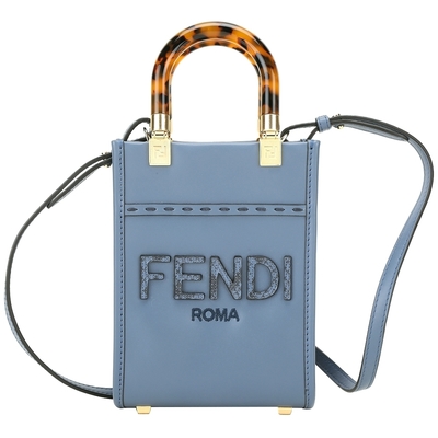 FENDI 芬迪 Sunshine 迷你型 小牛皮拼蟒蛇紋皮字母玳瑁提柄兩用托特包(灰藍)