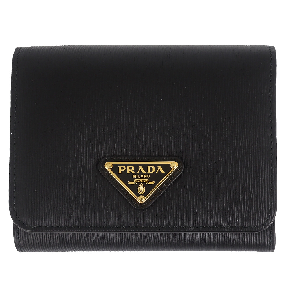 PRADA 普拉達 黑色縱紋牛皮三角牌三折短夾(押扣零錢袋)