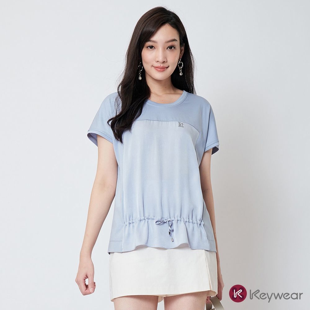 KeyWear奇威名品    時尚雅致綁帶垂袖上衣-灰藍色