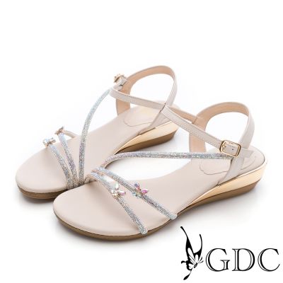 GDC-蝶影漫舞水鑽一字帶繫帶低坡楔型涼鞋-米白