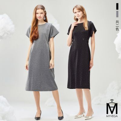 MYVEGA麥雪爾 MA滿版水鑽可調節側腰短袖洋裝-共二色