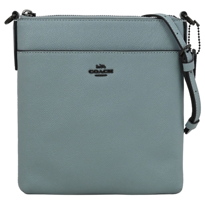 COACH 金屬LOGO防刮皮革斜背小扁包(灰藍)