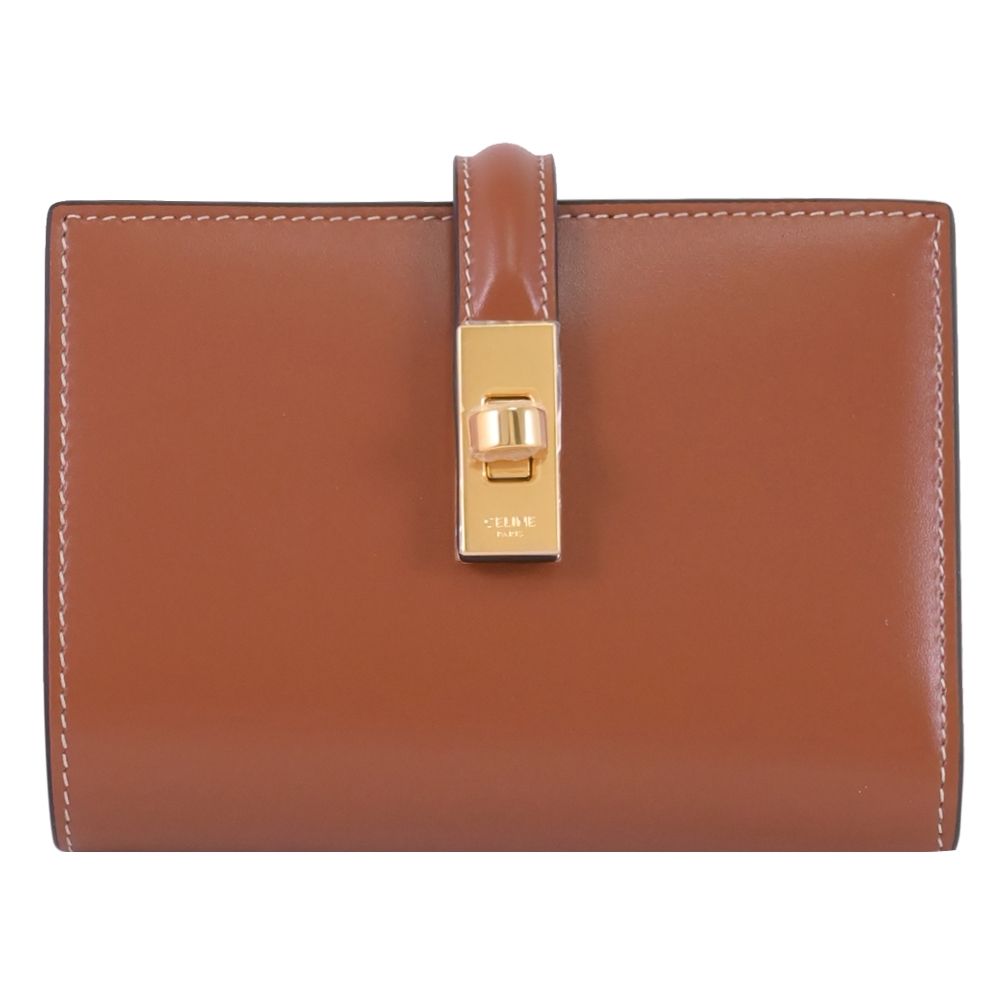 CELINE 16系列 金屬旋轉鎖扣緞面牛皮可拆卸活動零錢套/中夾(棕)