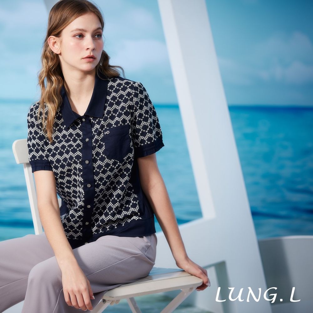 LUNG.L林佳樺 藍色幾何刺繡棉質短袖女裝襯衫上衣LR48A