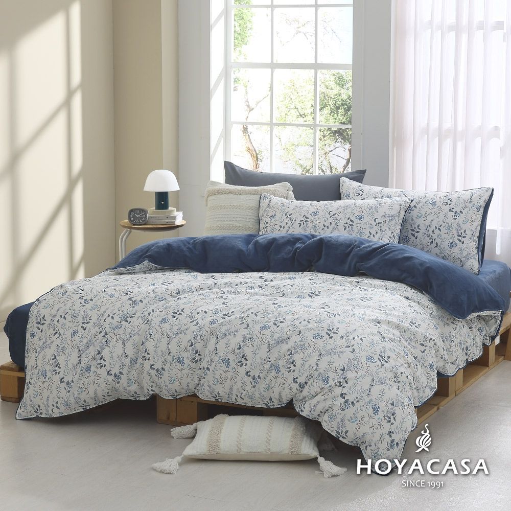 HOYACASA 雙人雪棉絨兩用被床包組-淺陌花溪