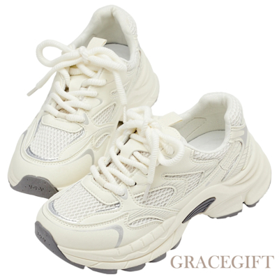【Grace Gift】韓系時髦輕量厚底機能運動鞋 米白