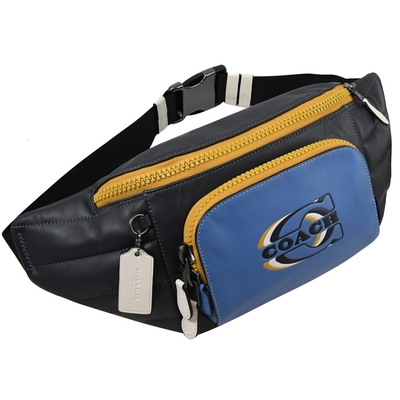 COACH Track 燙印LOGO撞色皮革拼接拉鍊腰包/胸口包(深藍)