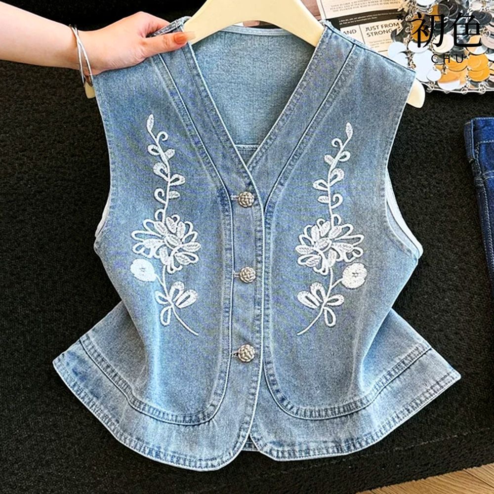 初色 民族風牛仔V領排釦無袖花卉刺繡馬甲背心女外套-淺藍色-52487(M-L可選)