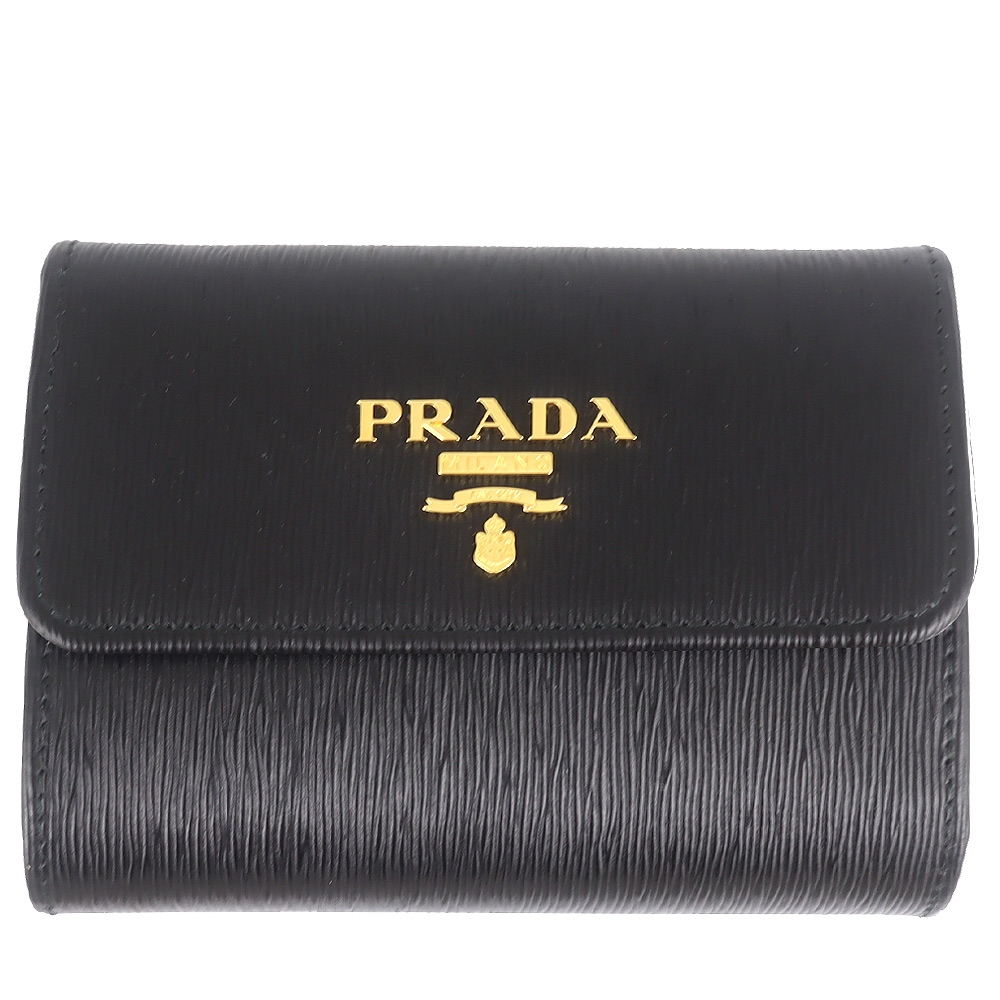 PRADA 普拉達 黑色縱紋牛皮金字三折短夾(拉鍊零錢袋)