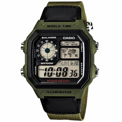 CASIO 卡西歐 10年電力 多功能軍風電子錶 寵愛計畫 送禮推薦-軍綠 AE-1200WHB-3B / 考試錶