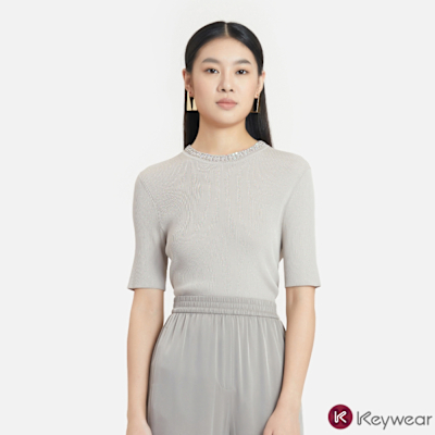 KeyWear奇威名品 圓領釘珠短袖上衣(共2色)-灰色