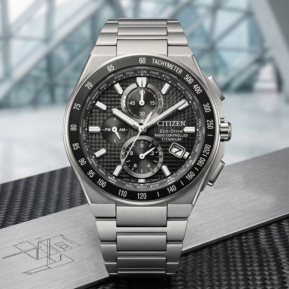 CITIZEN 星辰 鈦金屬光動能電波萬年曆計時手錶 開學換新季 送禮推薦 AT8390-55E