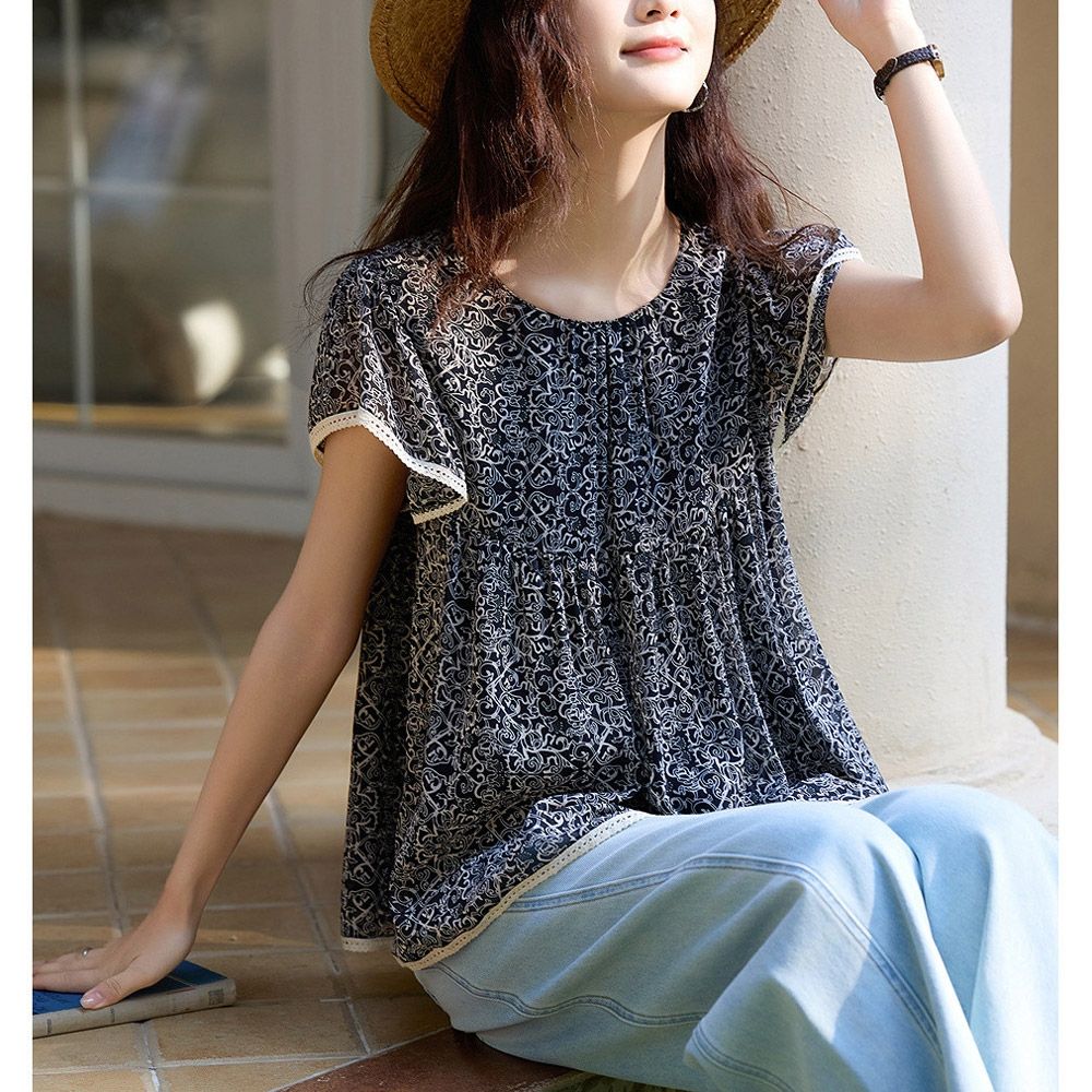 【ALLK 歐楷】新品上架 印花造型上衣 黑色 尺寸L-XXL/中大尺碼/涼爽/透氣 (黑色)