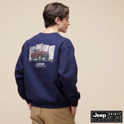 JEEP  男裝 經典吉普車印花刷毛長袖T恤-藍色